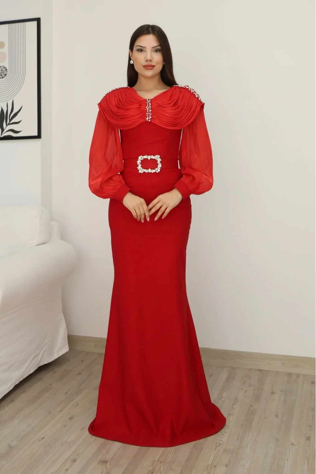 Omuz Drapeli Abiye Elbise 2314-Kırmızı