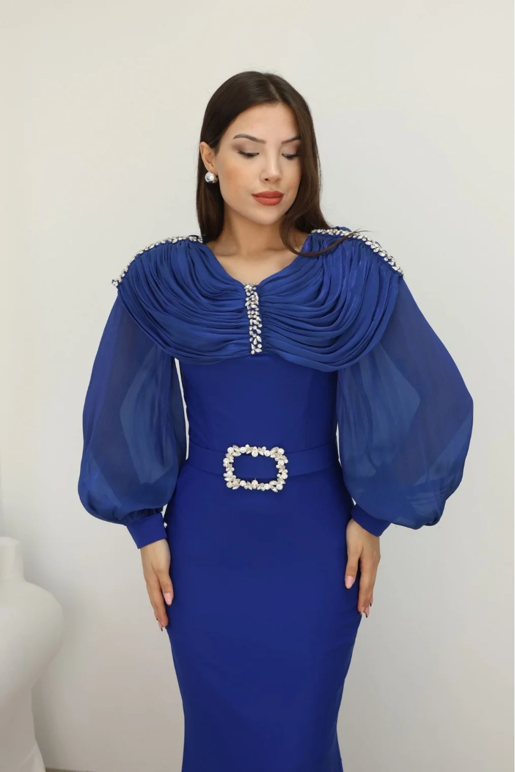 Omuz Drapeli Abiye Elbise 2314-Saks