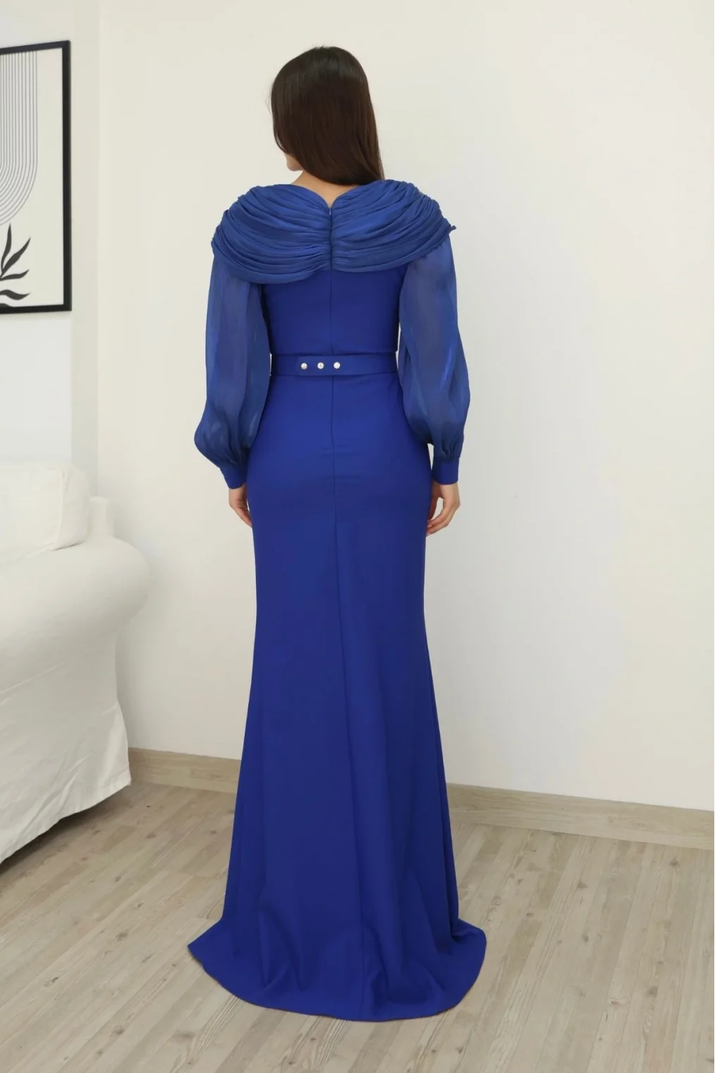 Omuz Drapeli Abiye Elbise 2314-Saks