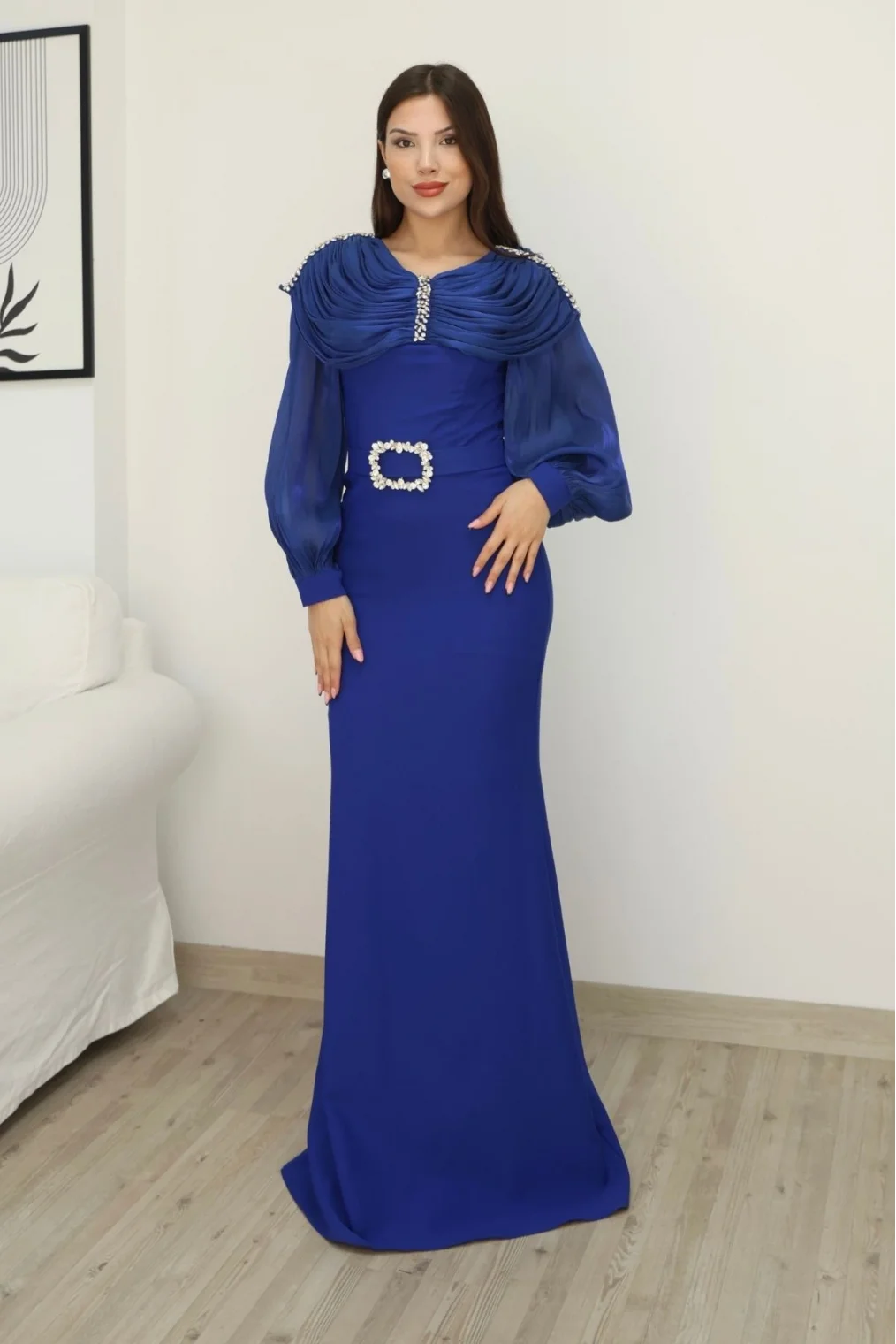 Omuz Drapeli Abiye Elbise 2314-Saks