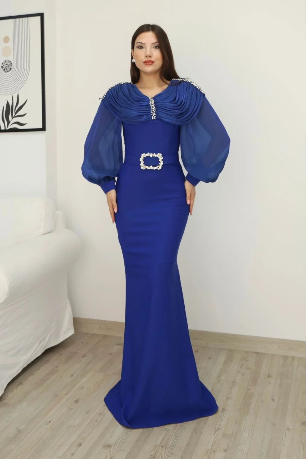 Omuz Drapeli Abiye Elbise 2314-Saks