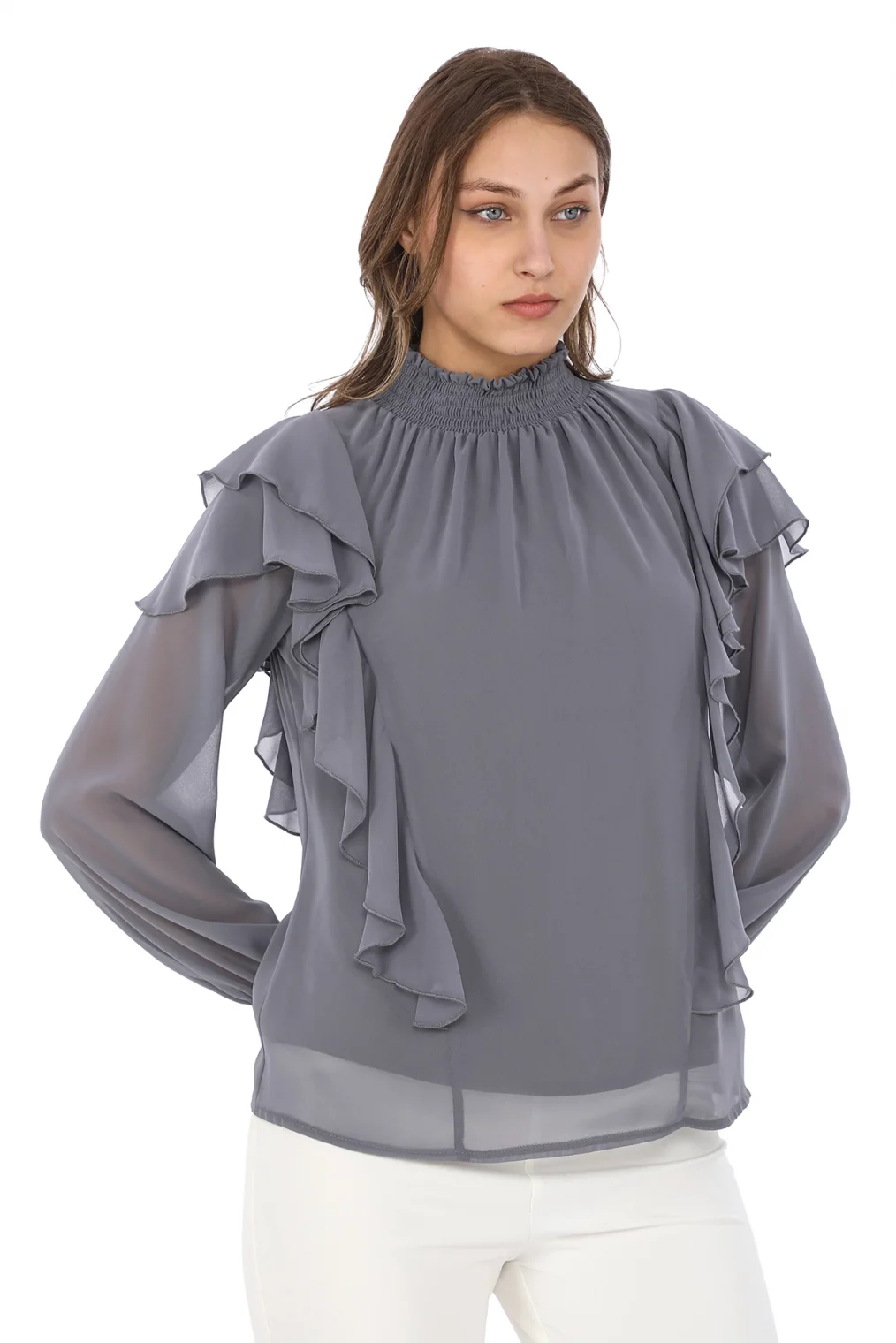 Omuz Fırfırlı Yaka Gipeli Şifon Bluz 6001-Açık Gri