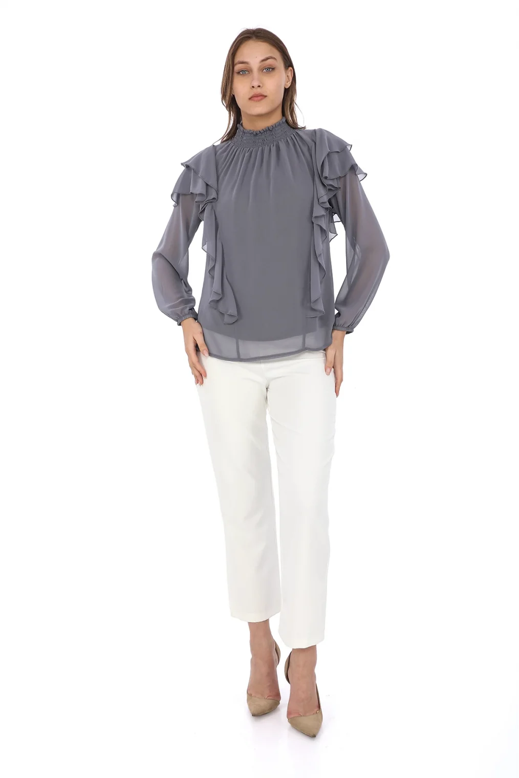 Omuz Fırfırlı Yaka Gipeli Şifon Bluz 6001-Açık Gri