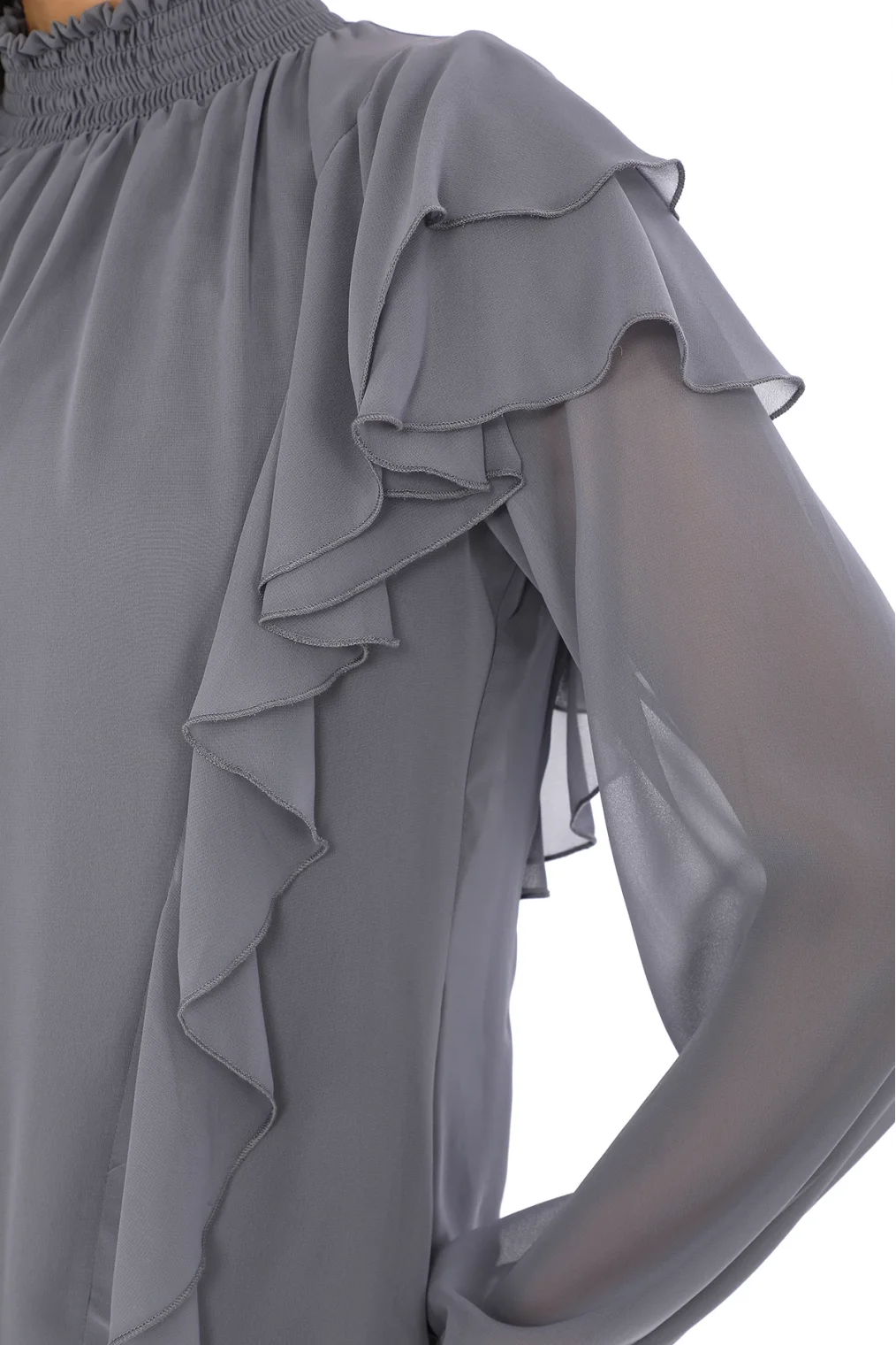 Omuz Fırfırlı Yaka Gipeli Şifon Bluz 6001-Açık Gri