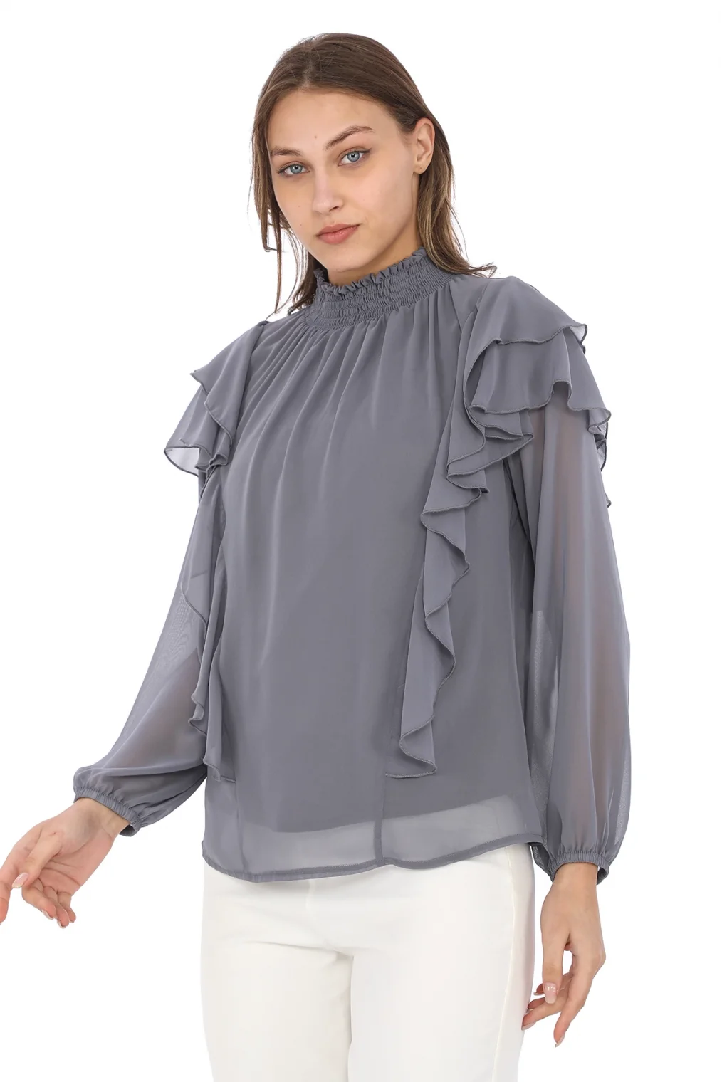 Omuz Fırfırlı Yaka Gipeli Şifon Bluz 6001-Açık Gri