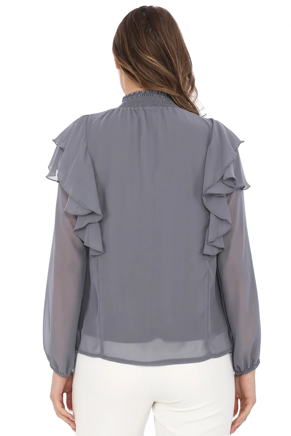 Omuz Fırfırlı Yaka Gipeli Şifon Bluz 6001-Açık Gri