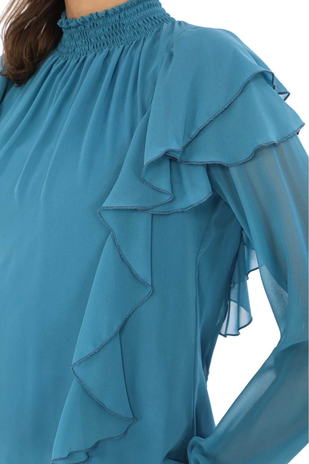 Omuz Fırfırlı Yaka Gipeli Şifon Bluz 6001-İndigo