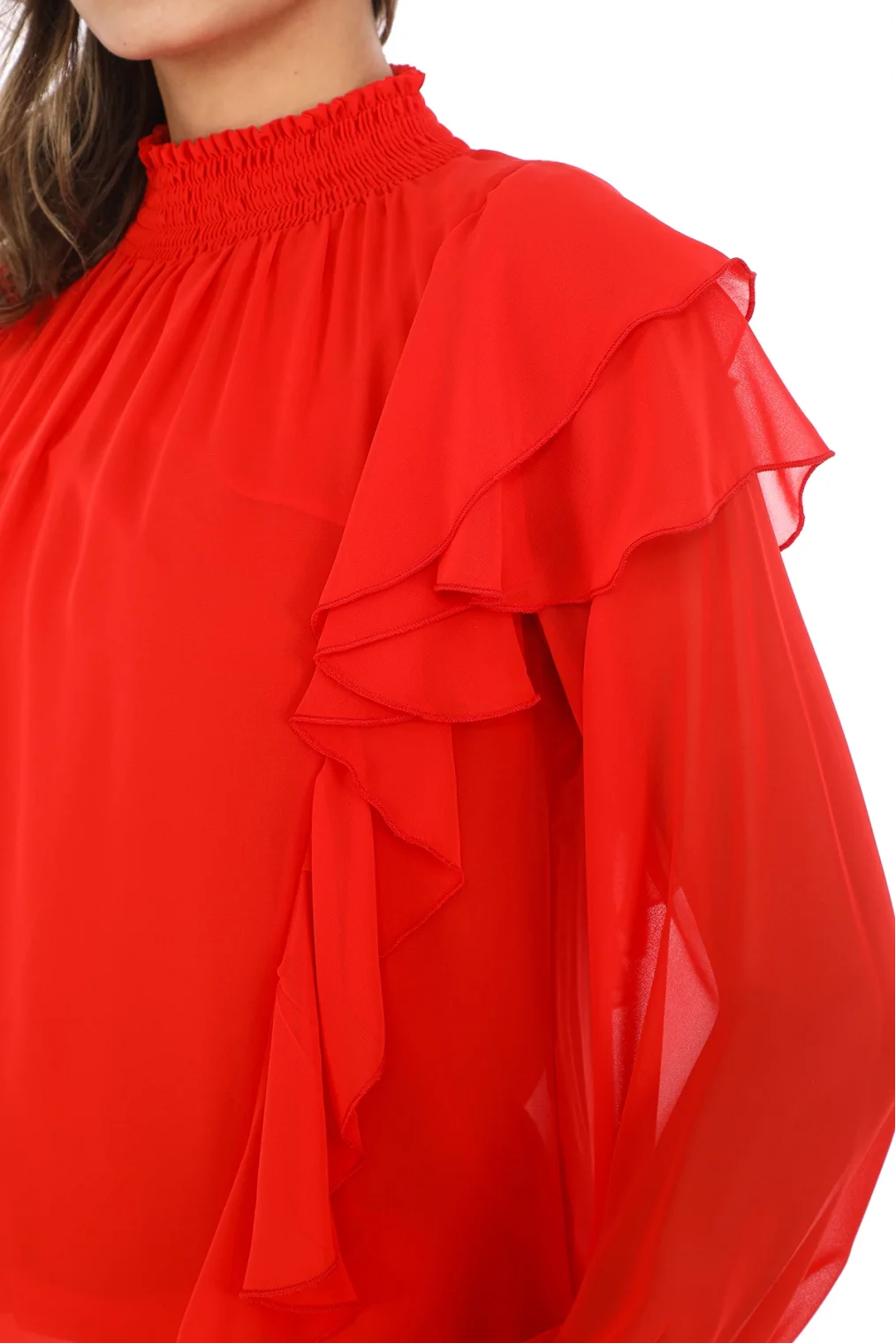 Omuz Fırfırlı Yaka Gipeli Şifon Bluz 6001-Kırmızı