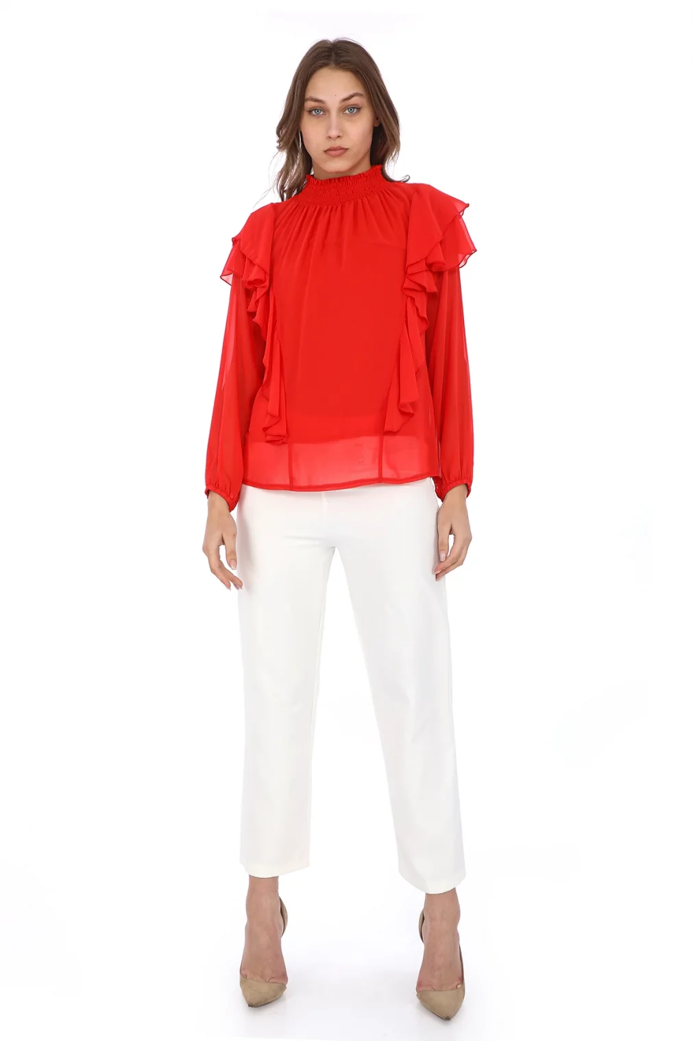 Omuz Fırfırlı Yaka Gipeli Şifon Bluz 6001-Kırmızı