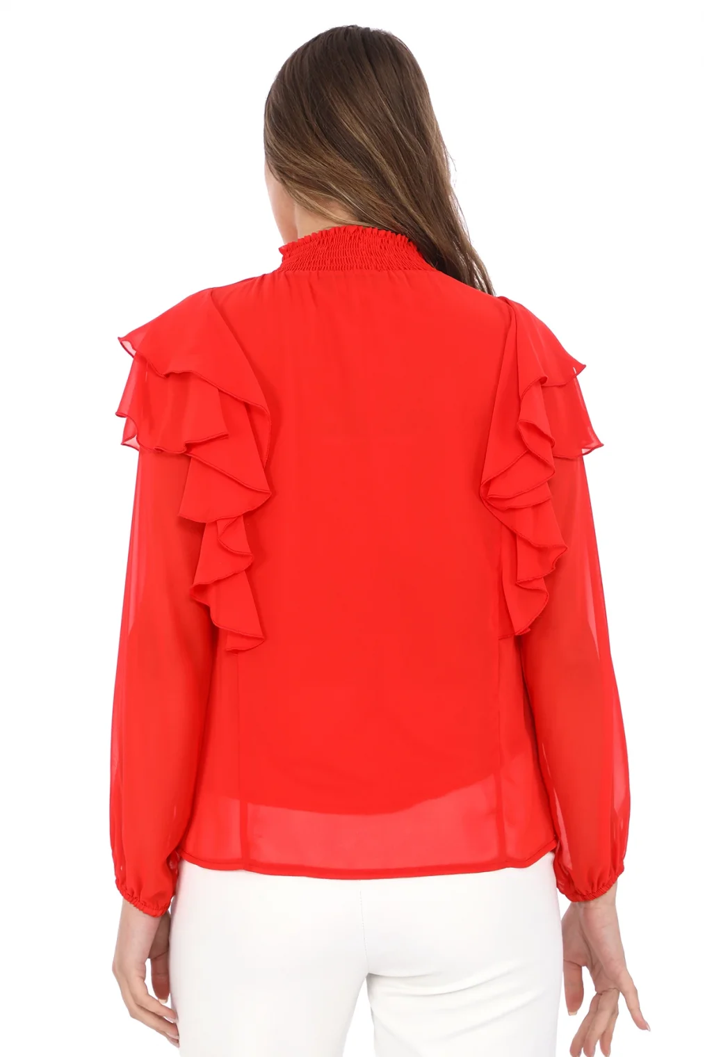 Omuz Fırfırlı Yaka Gipeli Şifon Bluz 6001-Kırmızı