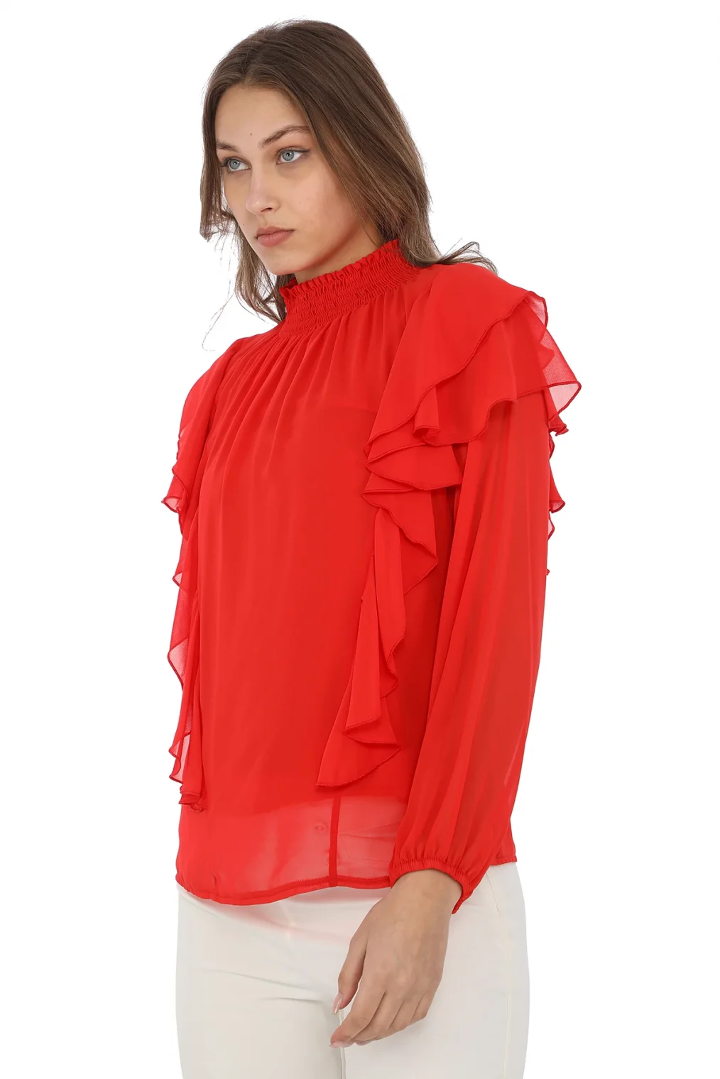 Omuz Fırfırlı Yaka Gipeli Şifon Bluz 6001-Kırmızı