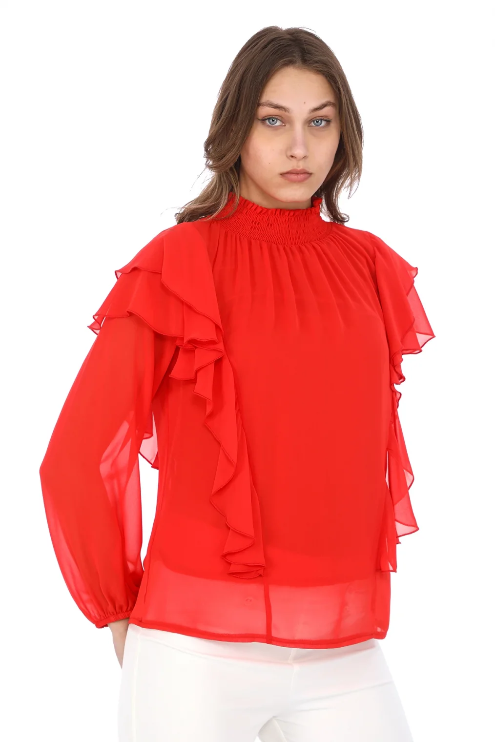 Omuz Fırfırlı Yaka Gipeli Şifon Bluz 6001-Kırmızı
