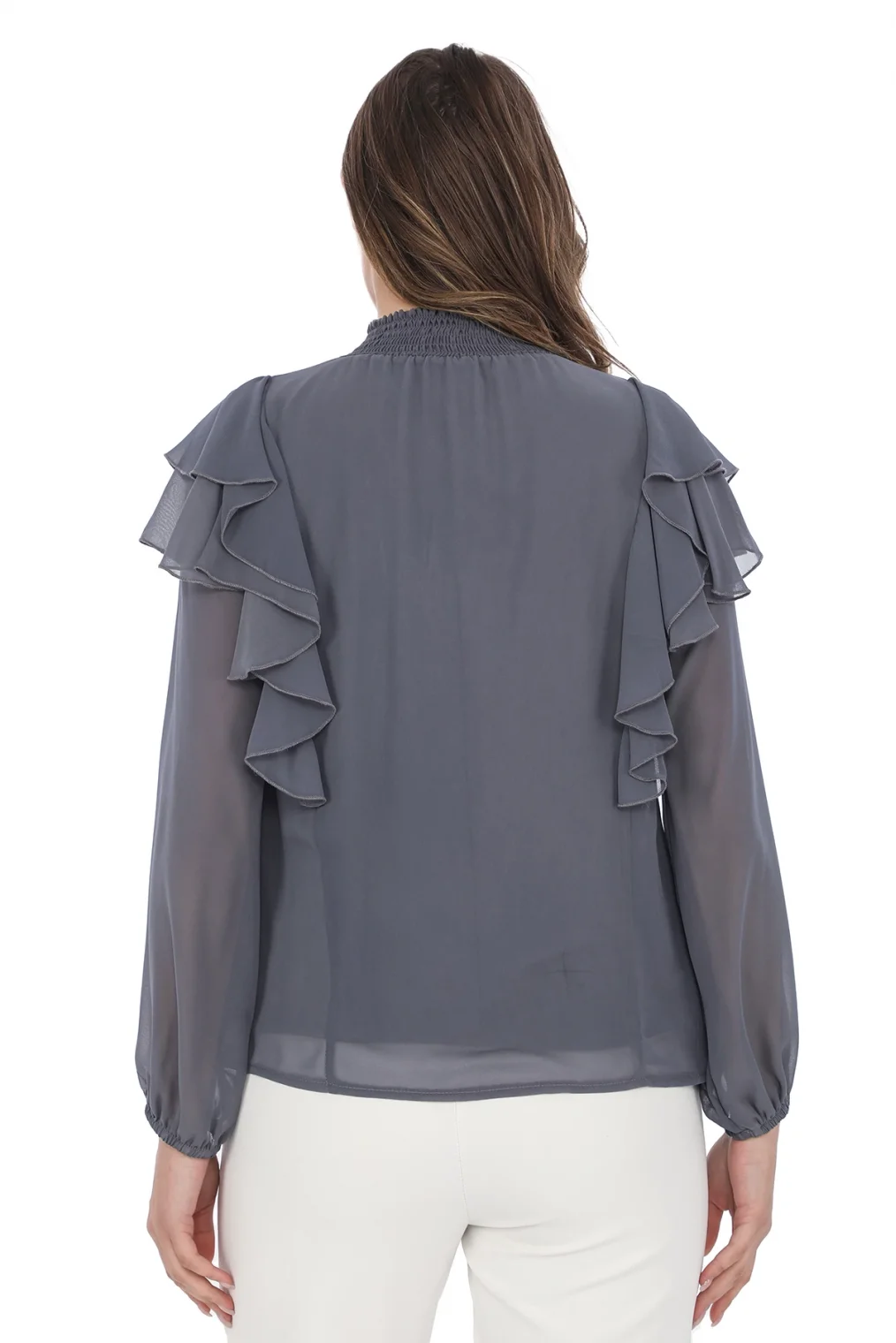 Omuz Fırfırlı Yaka Gipeli Şifon Bluz 6001-Koyu Gri