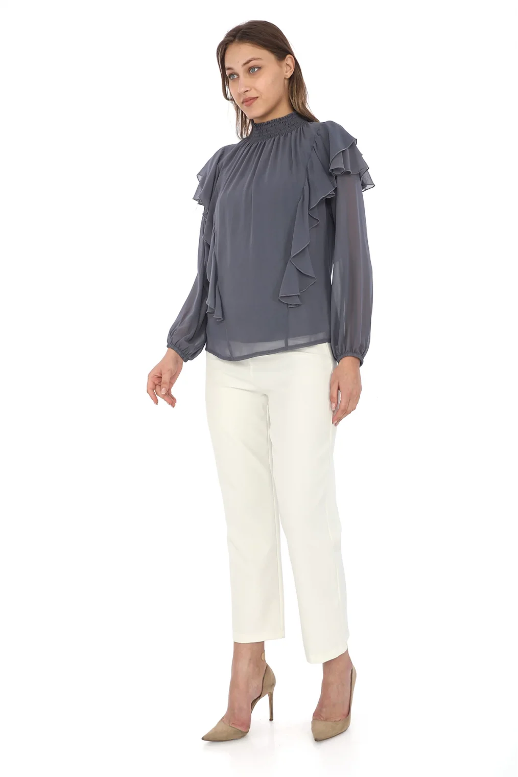 Omuz Fırfırlı Yaka Gipeli Şifon Bluz 6001-Koyu Gri