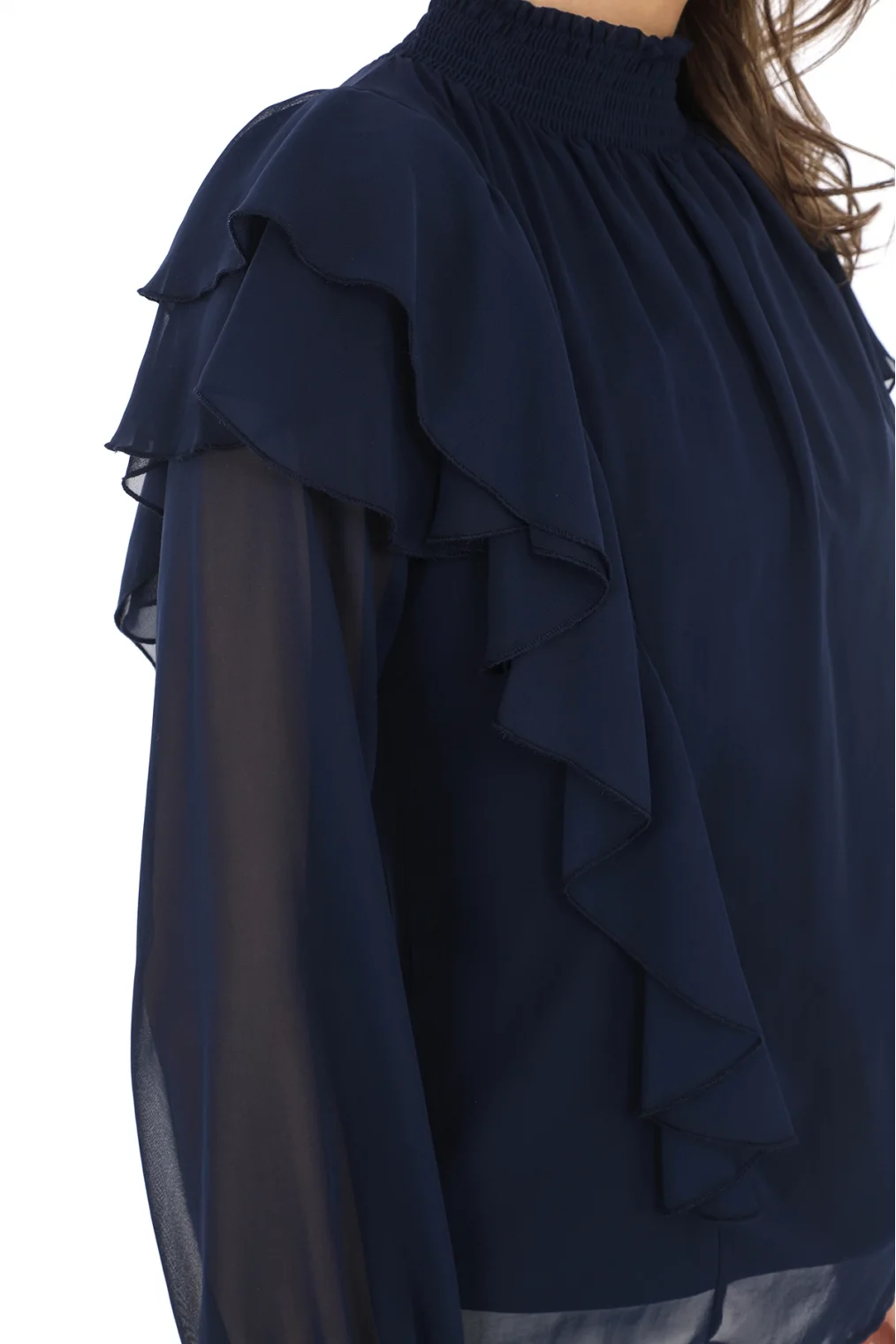Omuz Fırfırlı Yaka Gipeli Şifon Bluz 6001-Lacivert