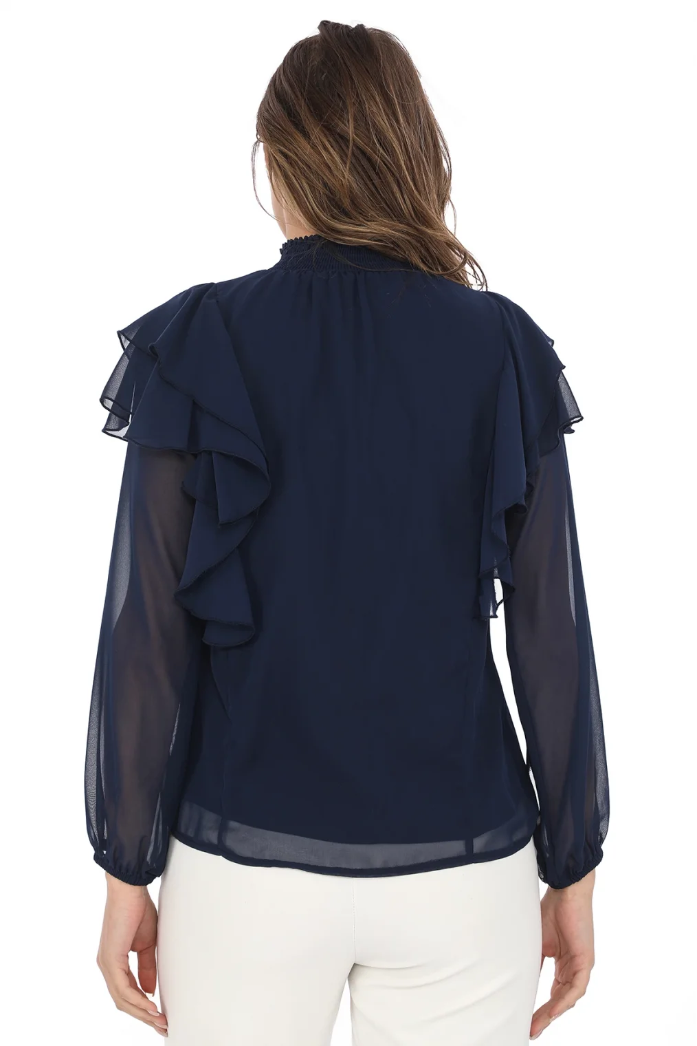 Omuz Fırfırlı Yaka Gipeli Şifon Bluz 6001-Lacivert