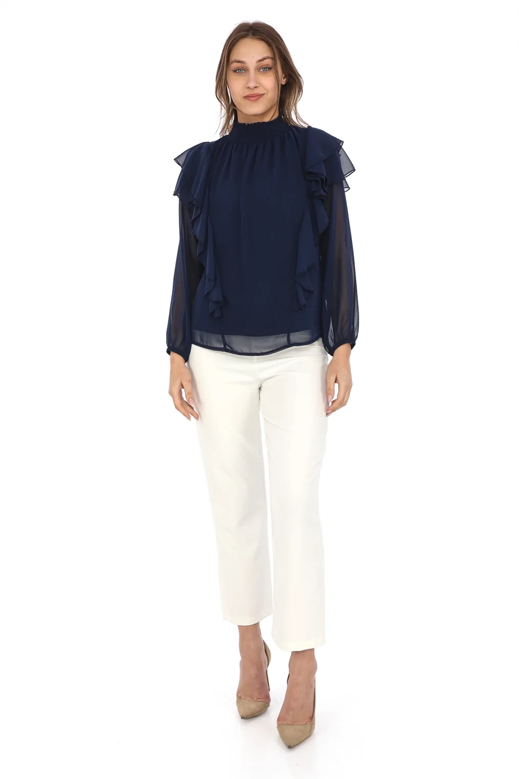 Omuz Fırfırlı Yaka Gipeli Şifon Bluz 6001-Lacivert