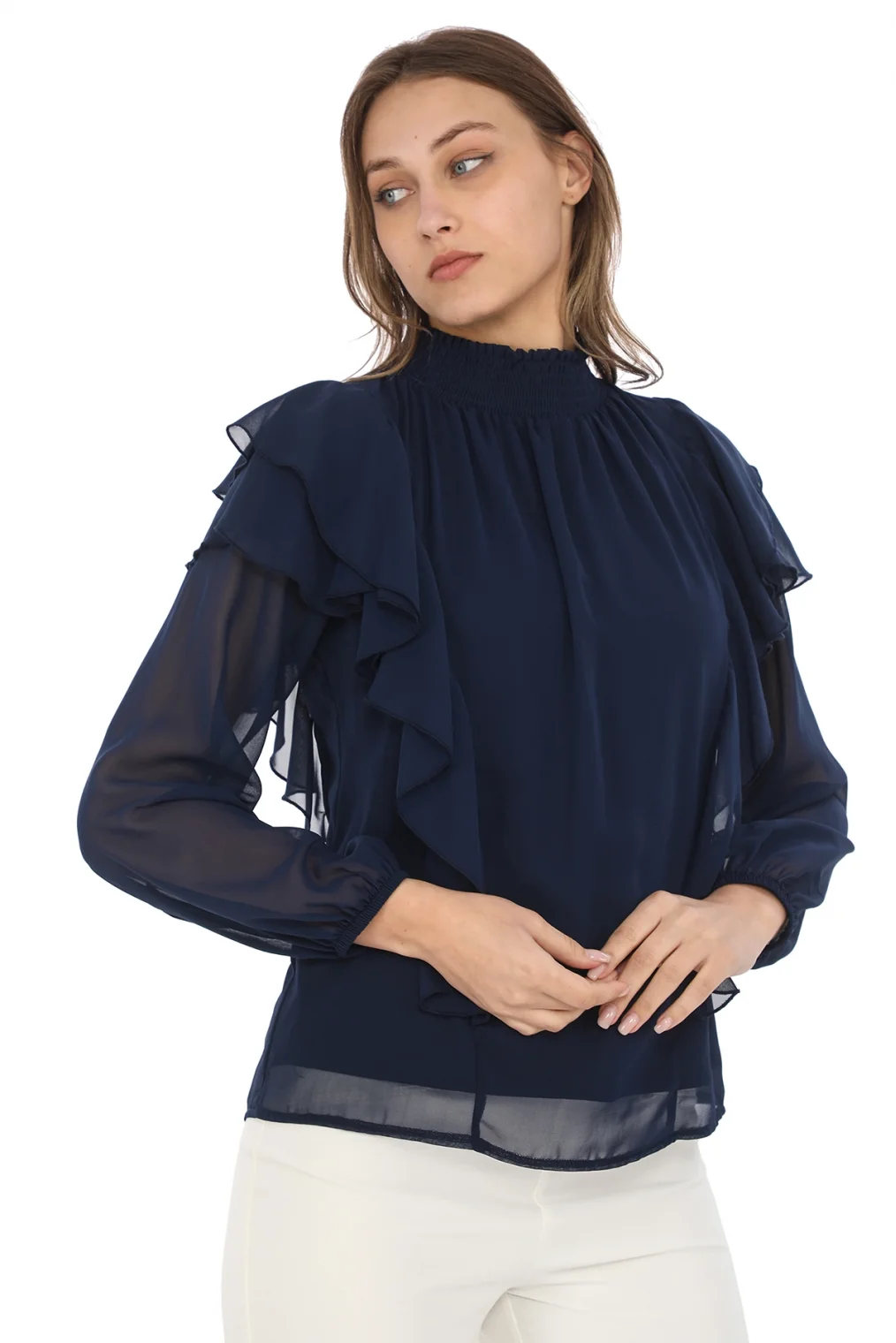 Omuz Fırfırlı Yaka Gipeli Şifon Bluz 6001-Lacivert