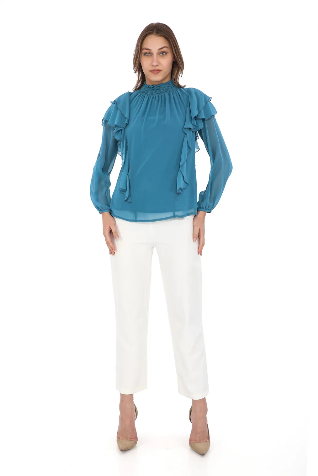 Omuz Fırfırlı Yaka Gipeli Şifon Bluz 6001-İndigo