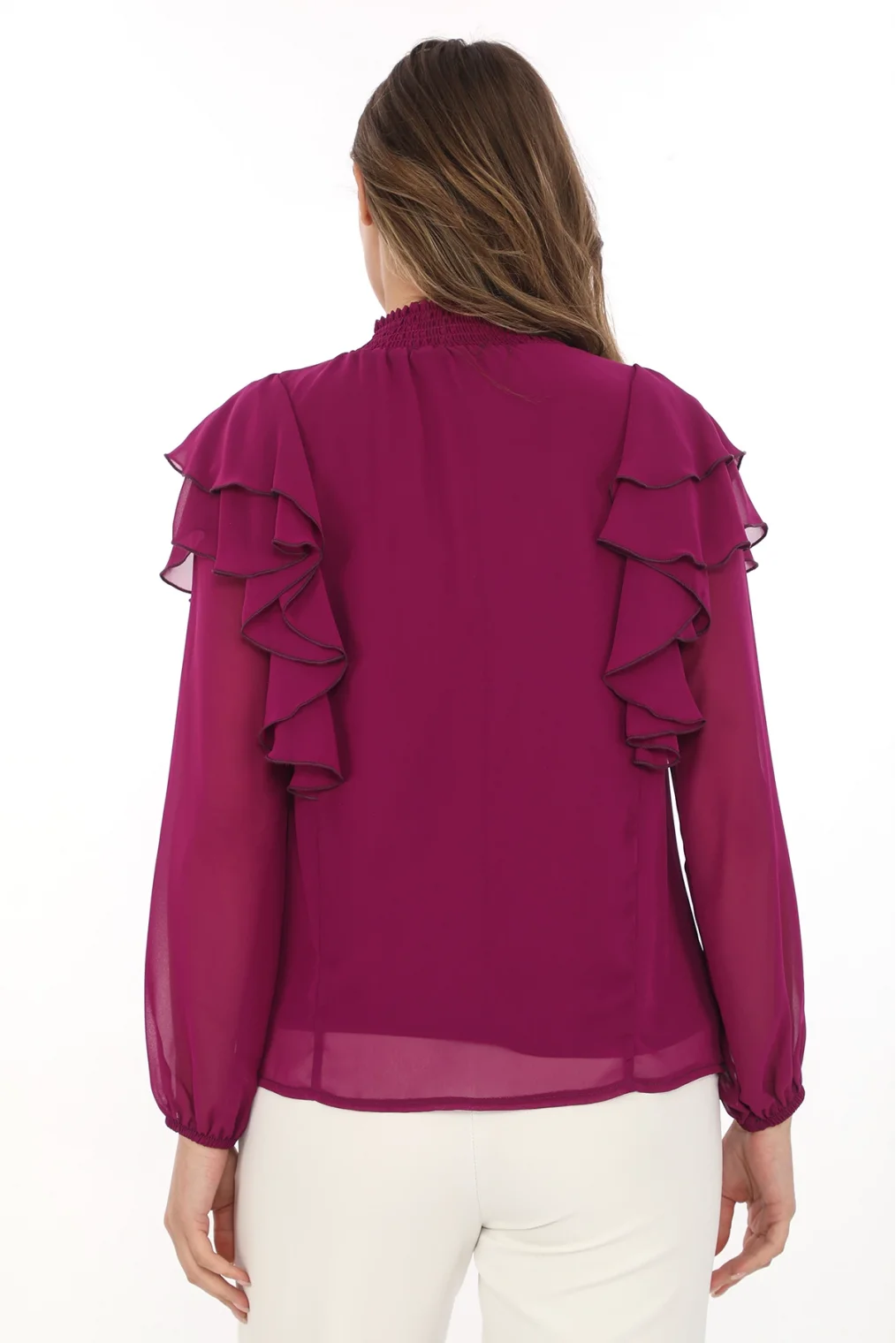 Omuz Fırfırlı Yaka Gipeli Şifon Bluz 6001-Mor