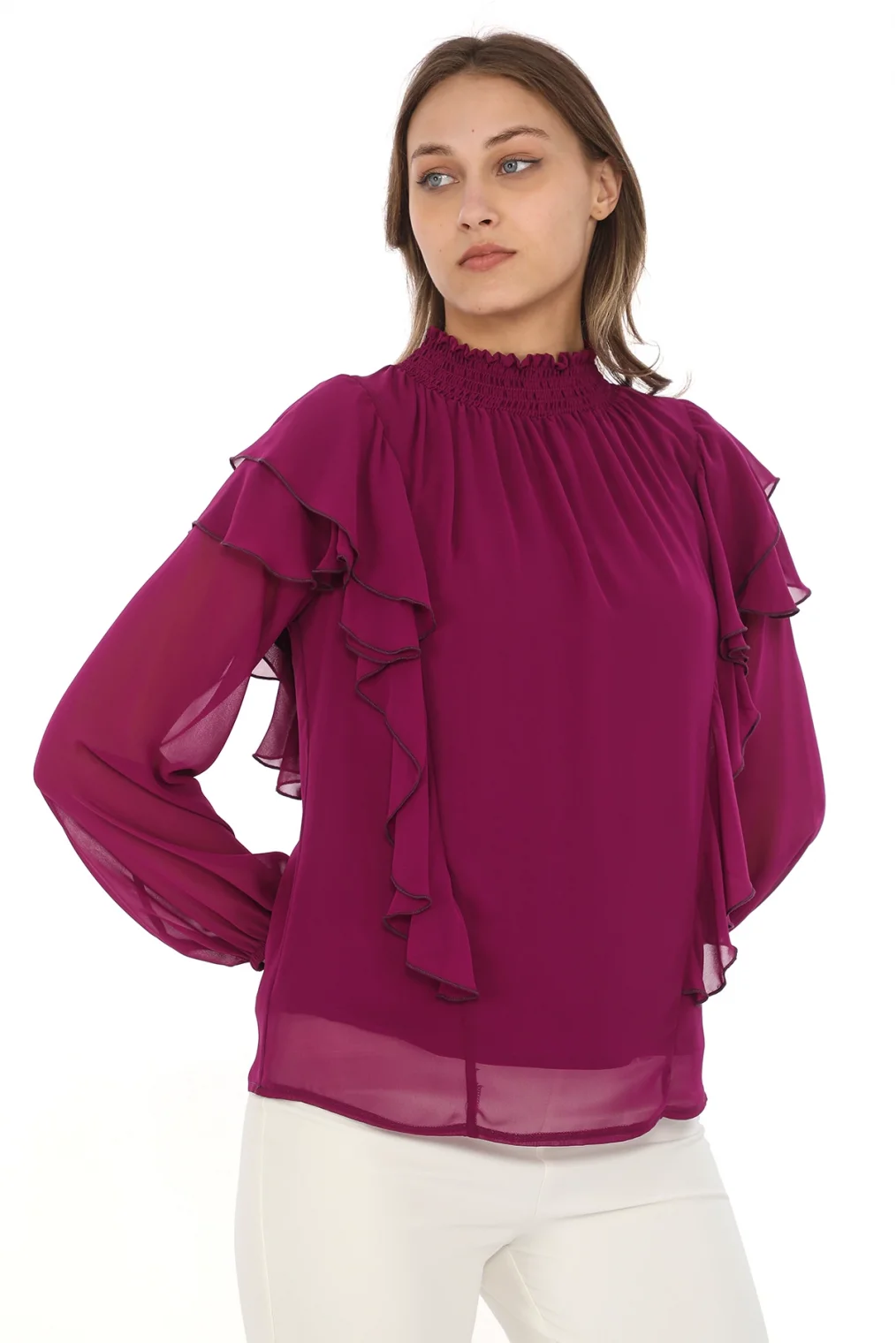 Omuz Fırfırlı Yaka Gipeli Şifon Bluz 6001-Mor