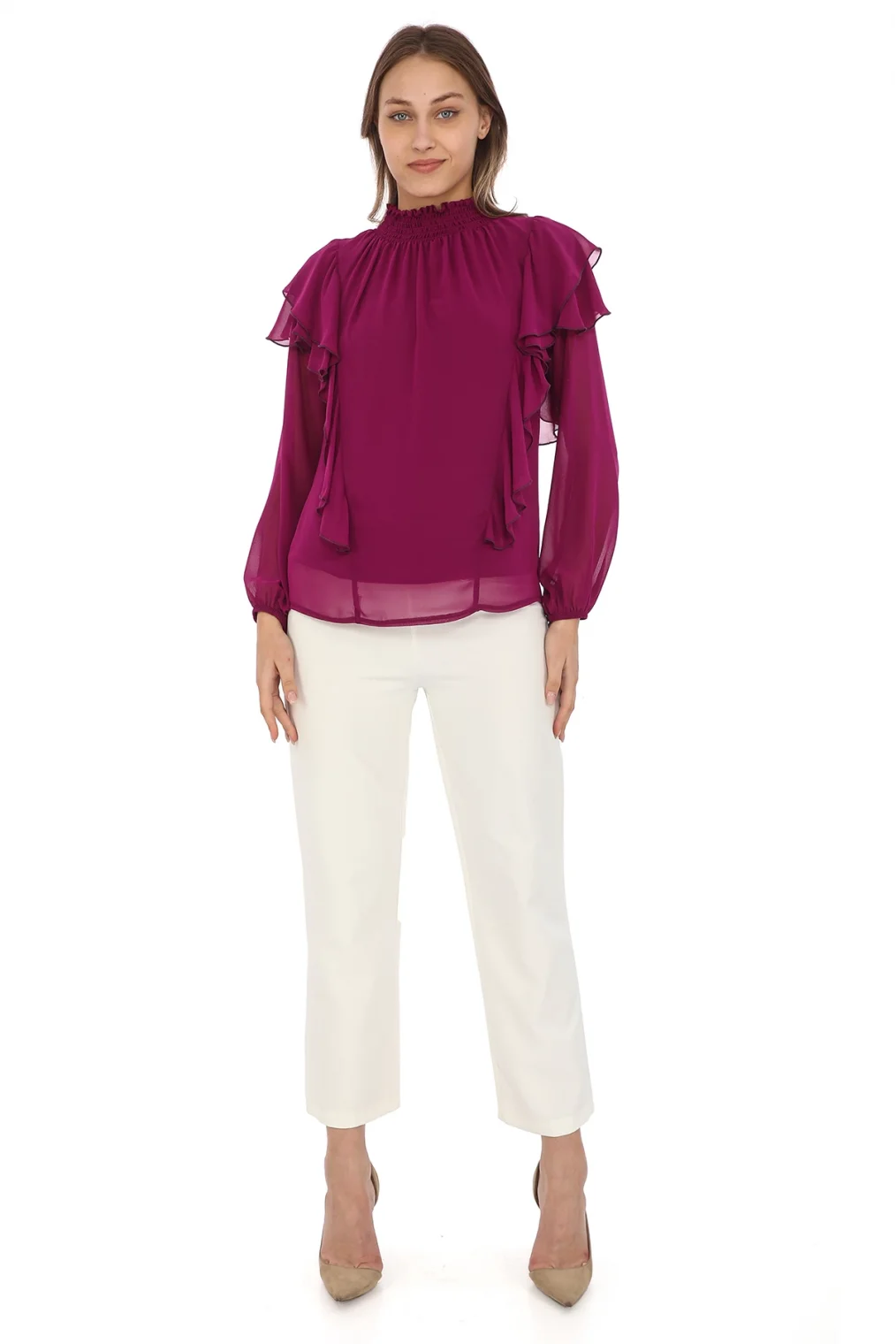 Omuz Fırfırlı Yaka Gipeli Şifon Bluz 6001-Mor