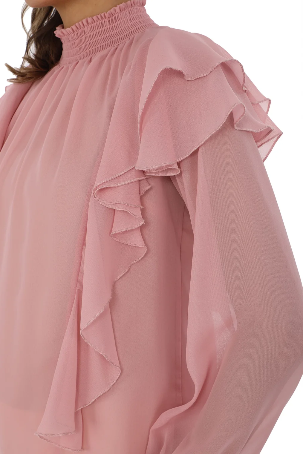 Omuz Fırfırlı Yaka Gipeli Şifon Bluz 6001-Pudra