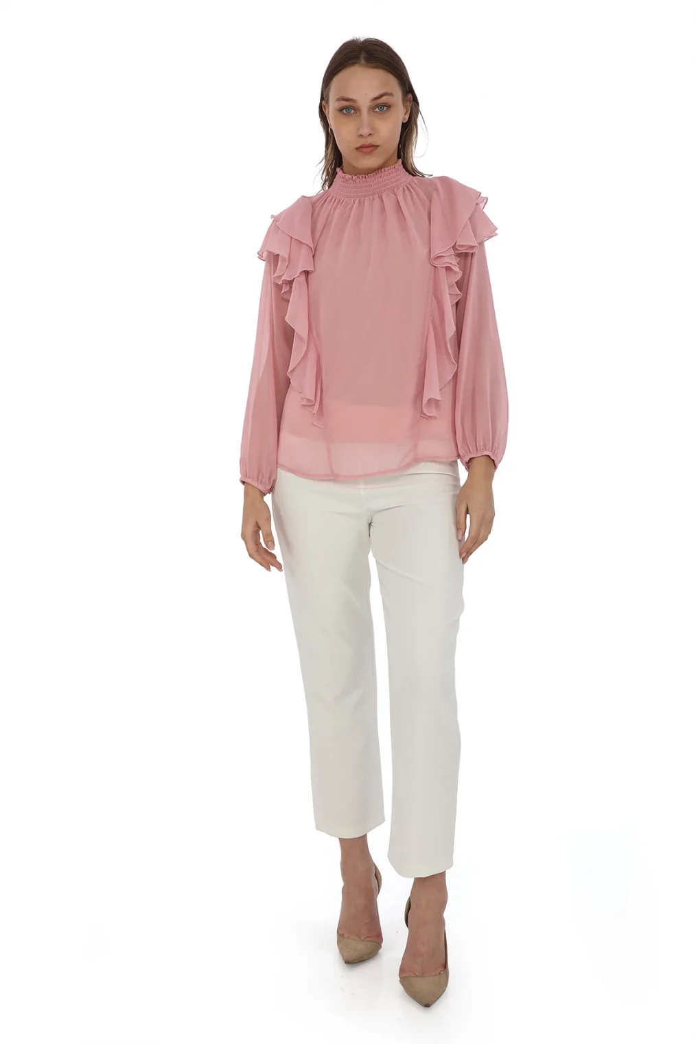 Omuz Fırfırlı Yaka Gipeli Şifon Bluz 6001-Pudra