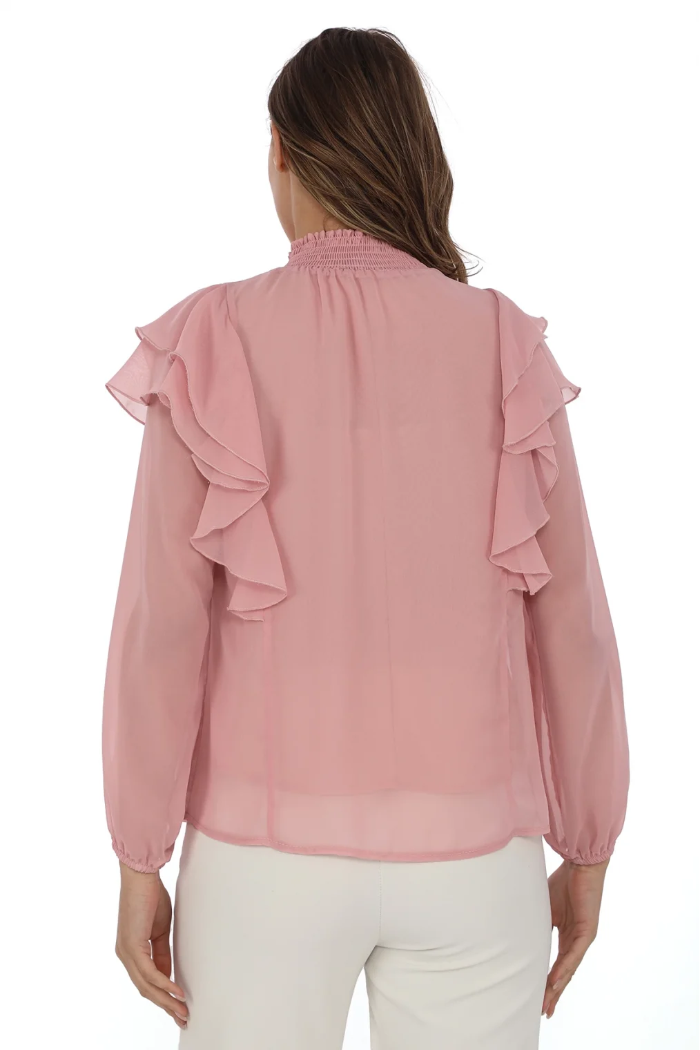 Omuz Fırfırlı Yaka Gipeli Şifon Bluz 6001-Pudra