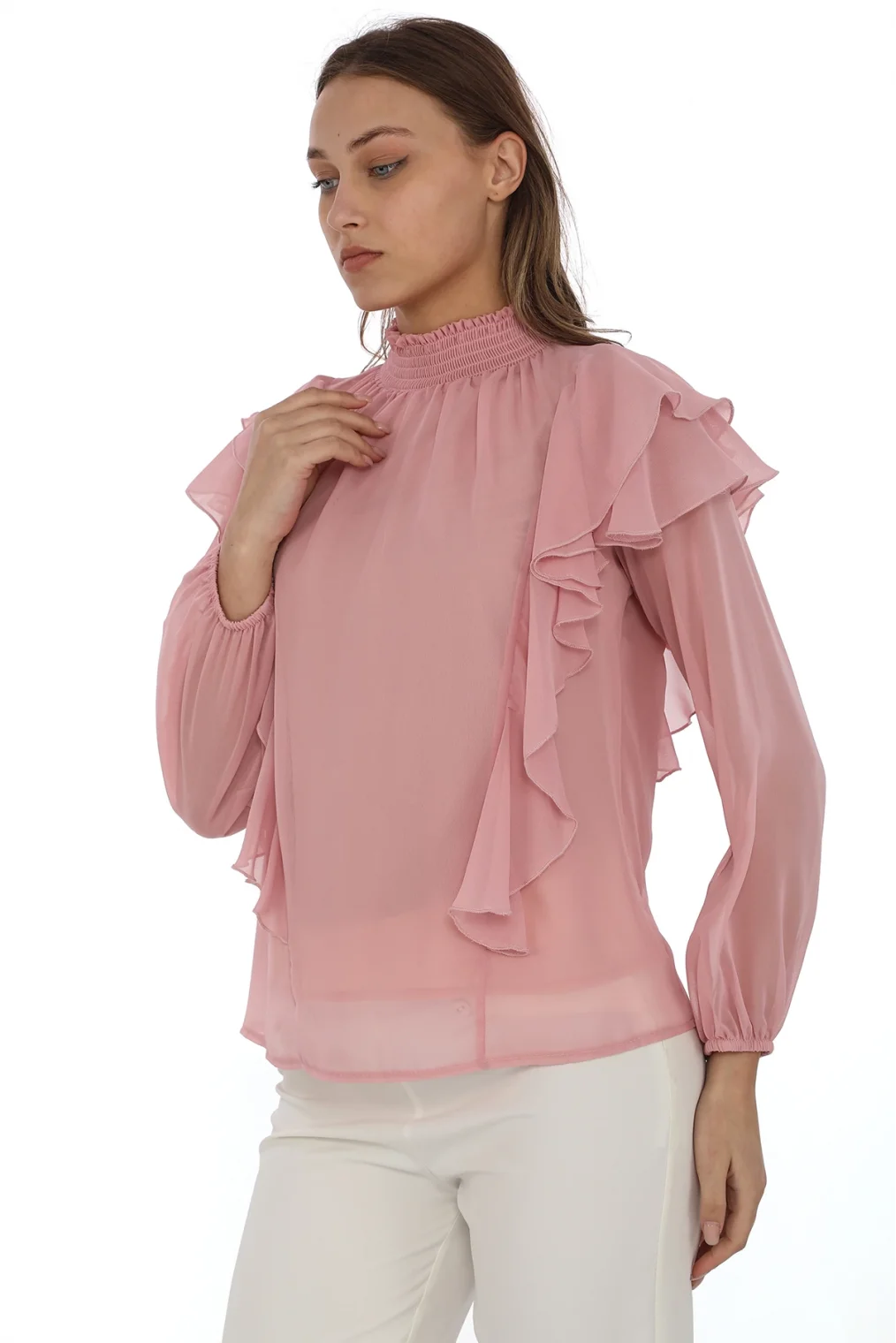 Omuz Fırfırlı Yaka Gipeli Şifon Bluz 6001-Pudra