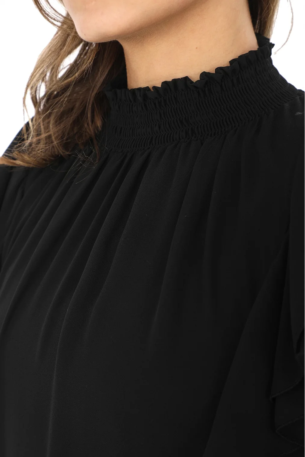 Omuz Fırfırlı Yaka Gipeli Şifon Bluz 6001-Siyah