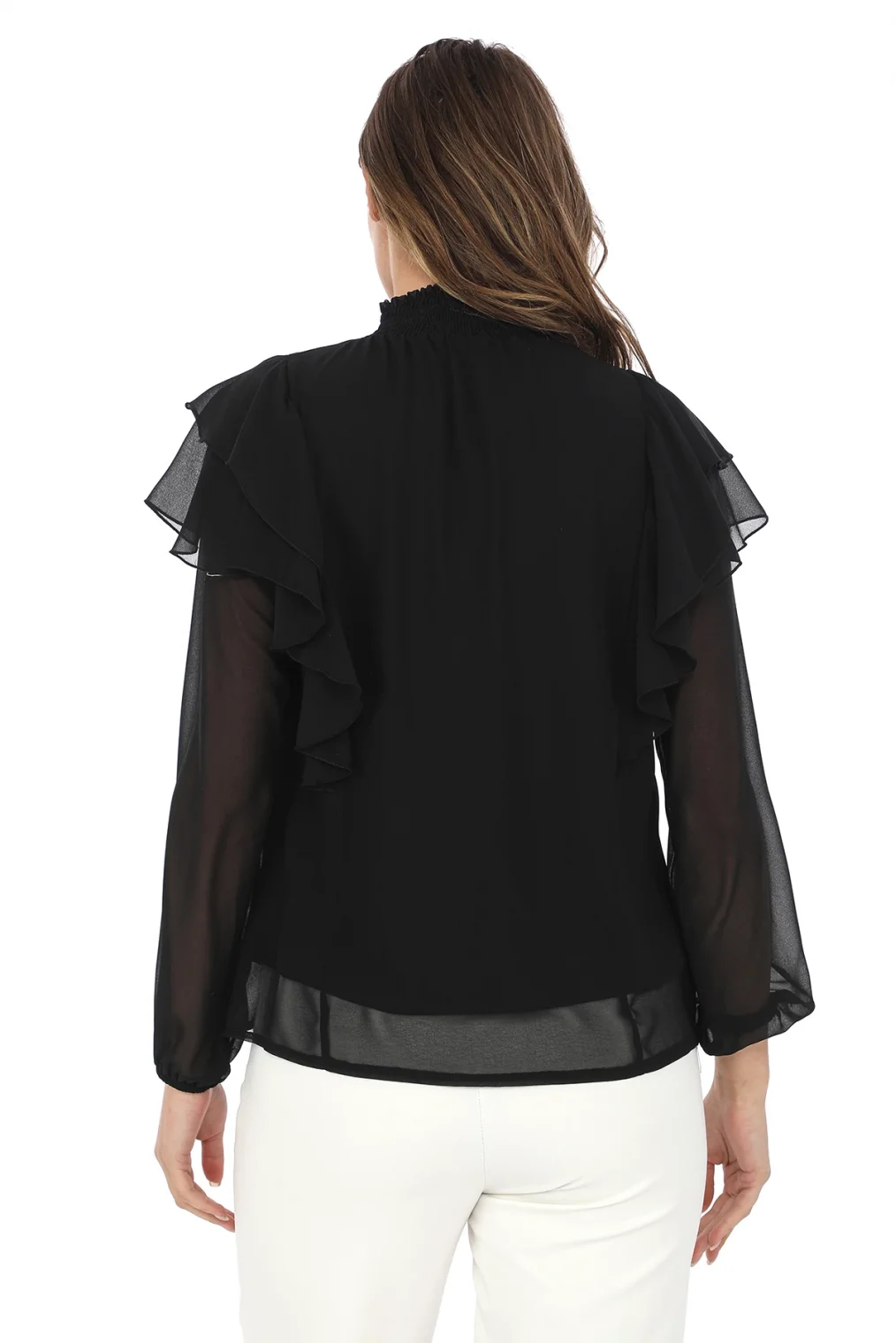 Omuz Fırfırlı Yaka Gipeli Şifon Bluz 6001-Siyah