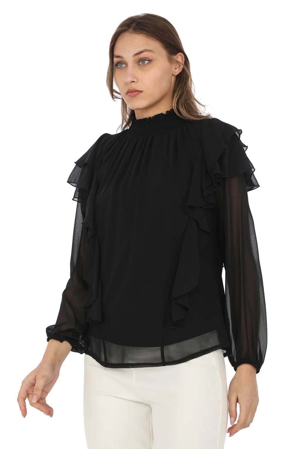 Omuz Fırfırlı Yaka Gipeli Şifon Bluz 6001-Siyah