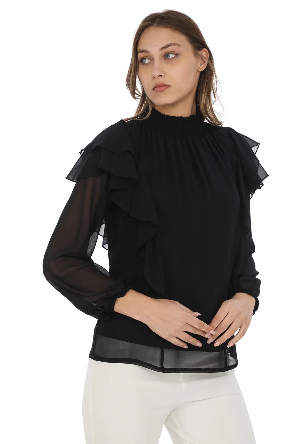 Omuz Fırfırlı Yaka Gipeli Şifon Bluz 6001-Siyah