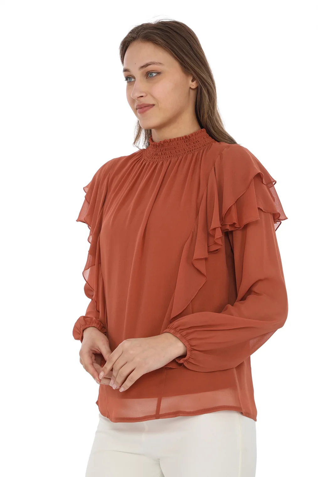 Omuz Fırfırlı Yaka Gipeli Şifon Bluz 6001-Taba