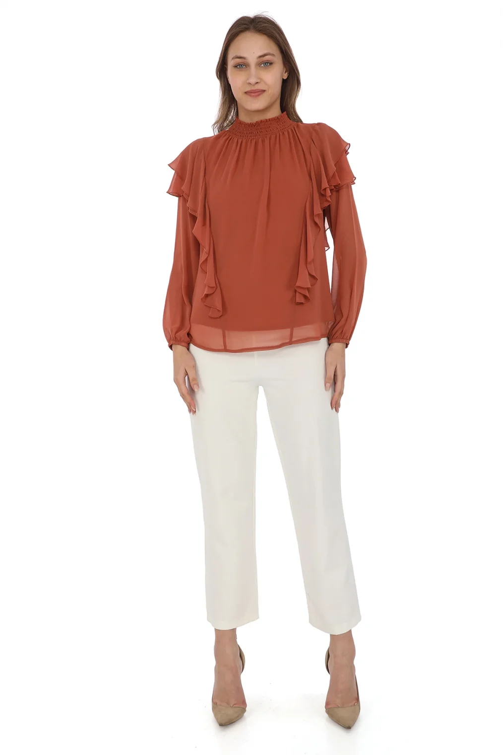 Omuz Fırfırlı Yaka Gipeli Şifon Bluz 6001-Taba