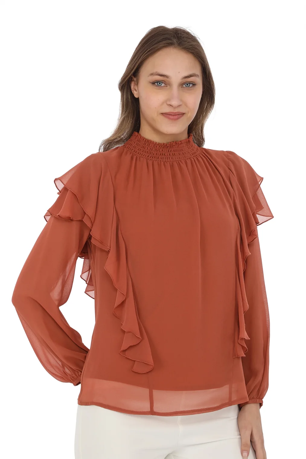 Omuz Fırfırlı Yaka Gipeli Şifon Bluz 6001-Taba