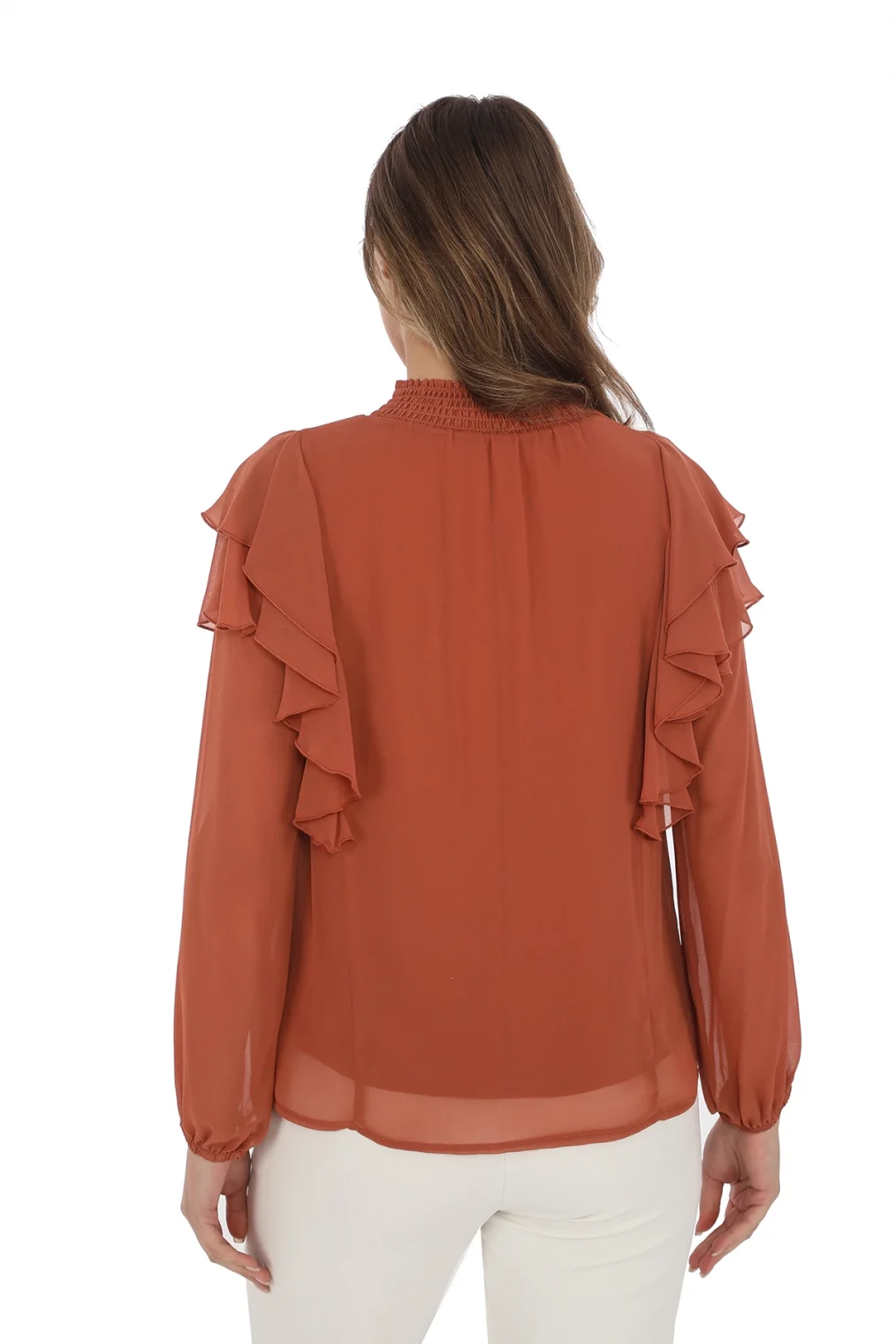 Omuz Fırfırlı Yaka Gipeli Şifon Bluz 6001-Taba