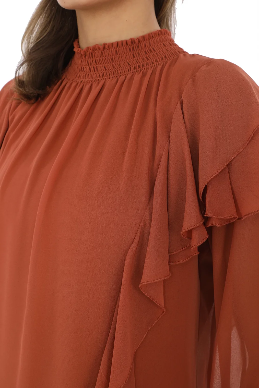 Omuz Fırfırlı Yaka Gipeli Şifon Bluz 6001-Taba