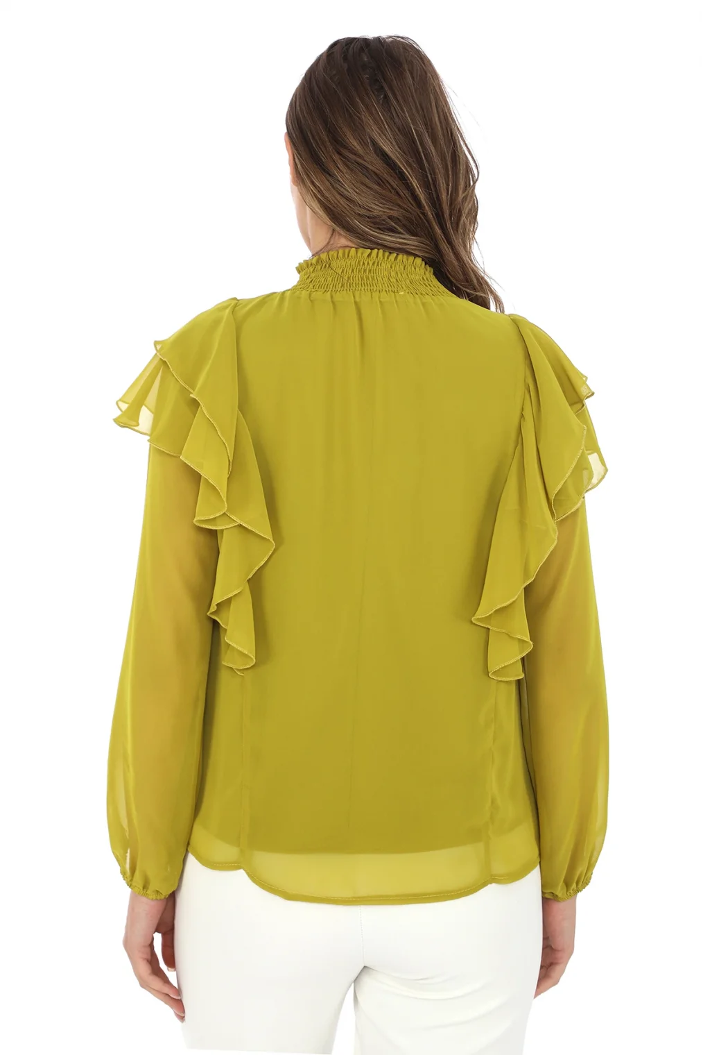 Omuz Fırfırlı Yaka Gipeli Şifon Bluz 6001-Yağ Yeşili