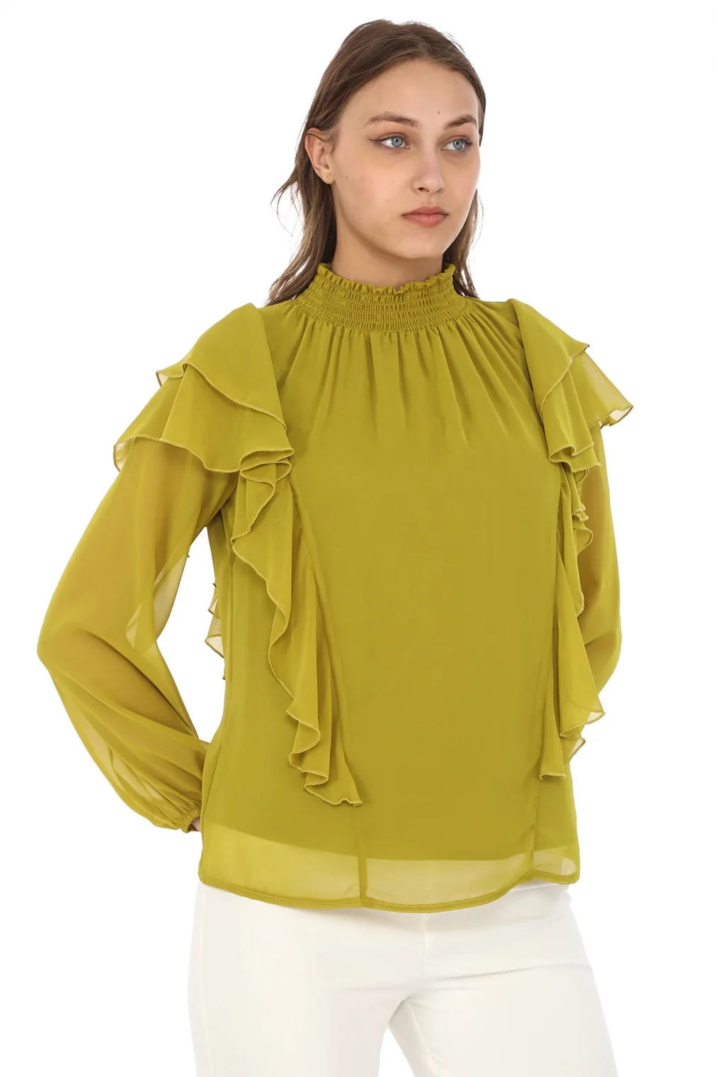 Omuz Fırfırlı Yaka Gipeli Şifon Bluz 6001-Yağ Yeşili