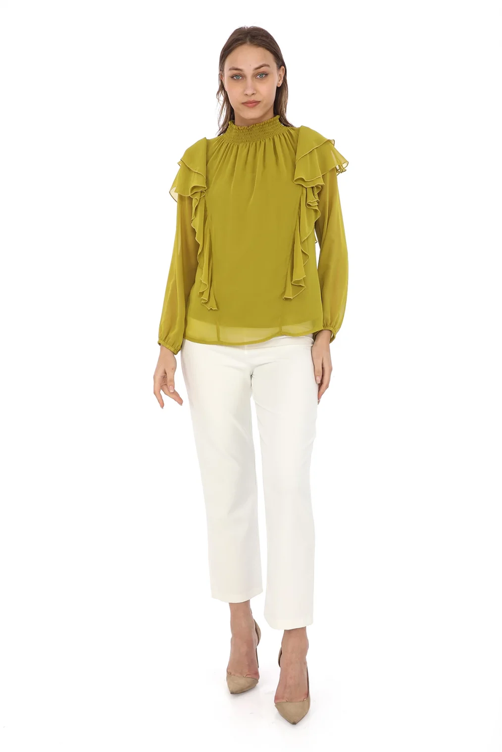 Omuz Fırfırlı Yaka Gipeli Şifon Bluz 6001-Yağ Yeşili