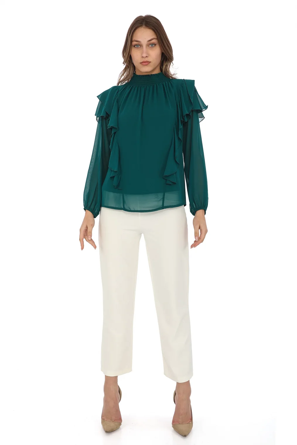 Omuz Fırfırlı Yaka Gipeli Şifon Bluz 6001-Zümrüt Yeşili