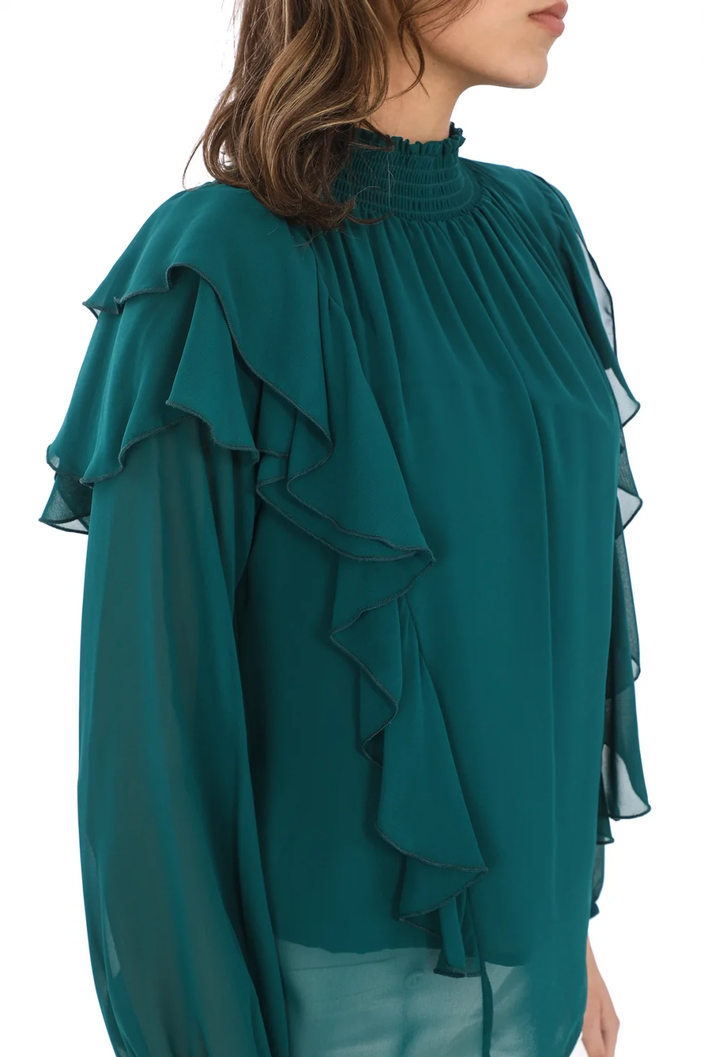 Omuz Fırfırlı Yaka Gipeli Şifon Bluz 6001-Zümrüt Yeşili