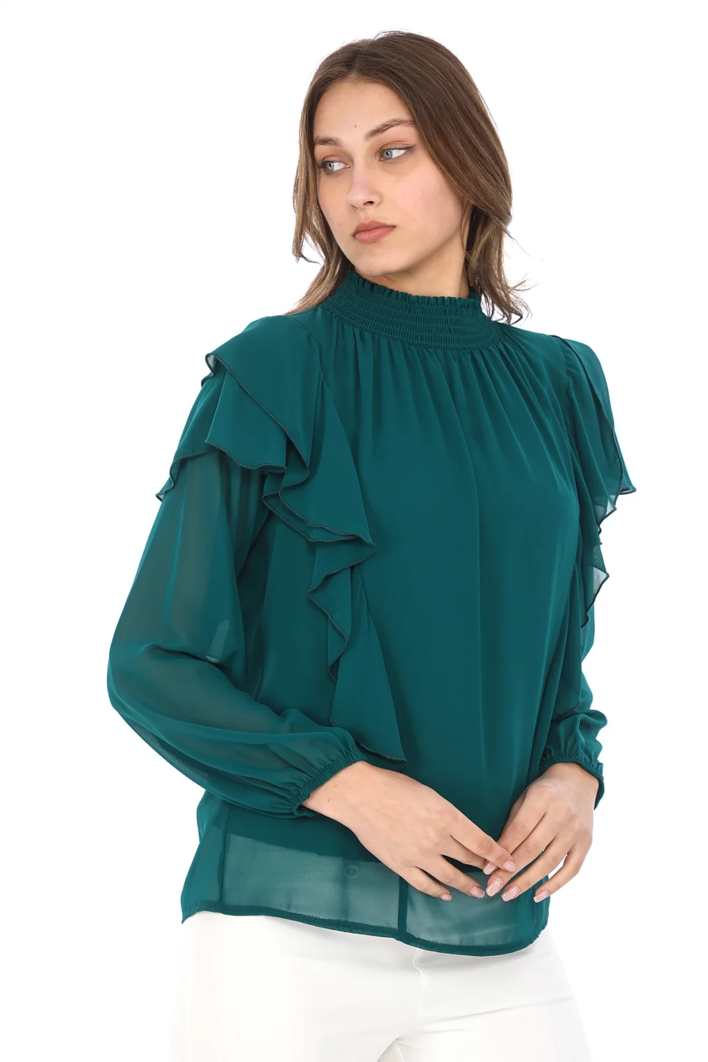 Omuz Fırfırlı Yaka Gipeli Şifon Bluz 6001-Zümrüt Yeşili