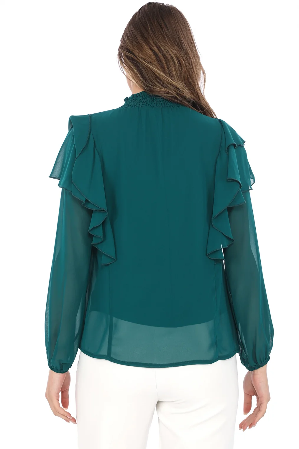 Omuz Fırfırlı Yaka Gipeli Şifon Bluz 6001-Zümrüt Yeşili