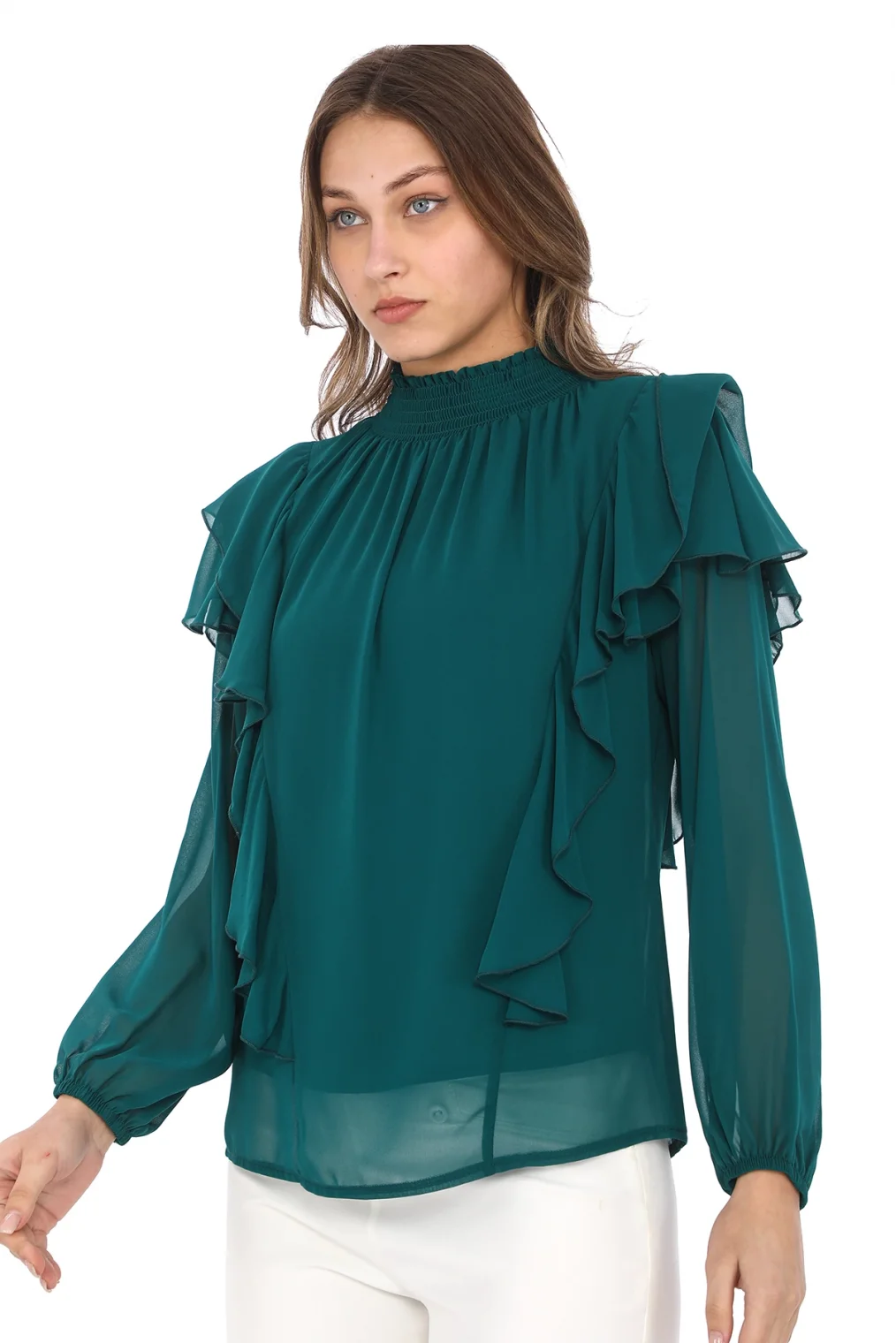 Omuz Fırfırlı Yaka Gipeli Şifon Bluz 6001-Zümrüt Yeşili
