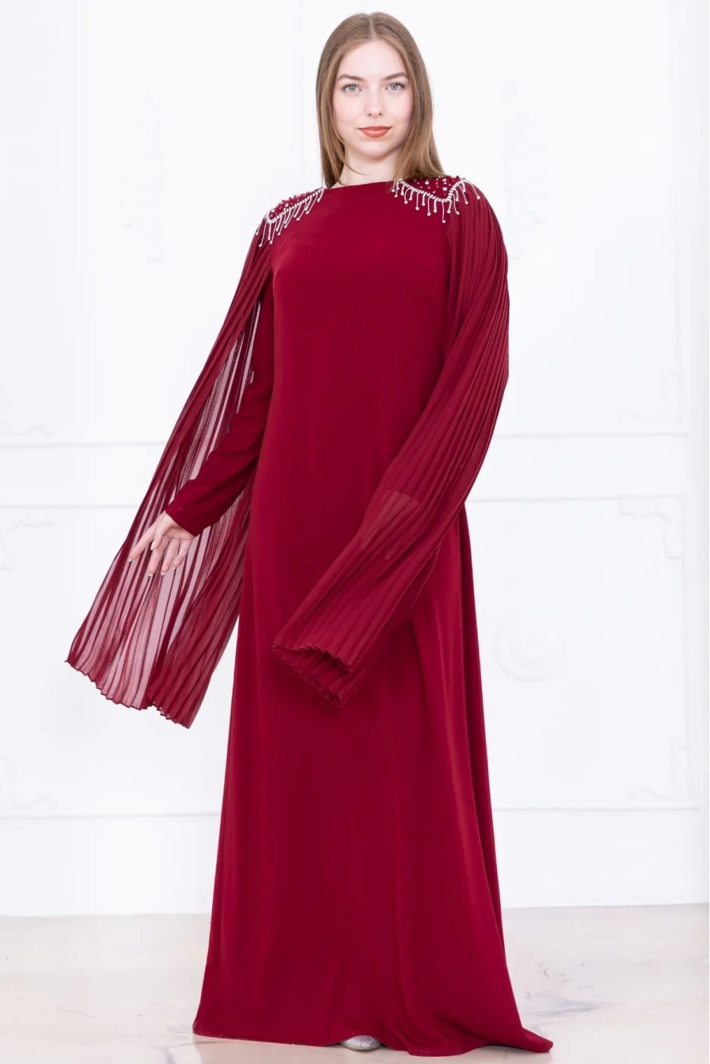 Omuz İşleme Detaylı Pelerinli Elbise 1017-Bordo