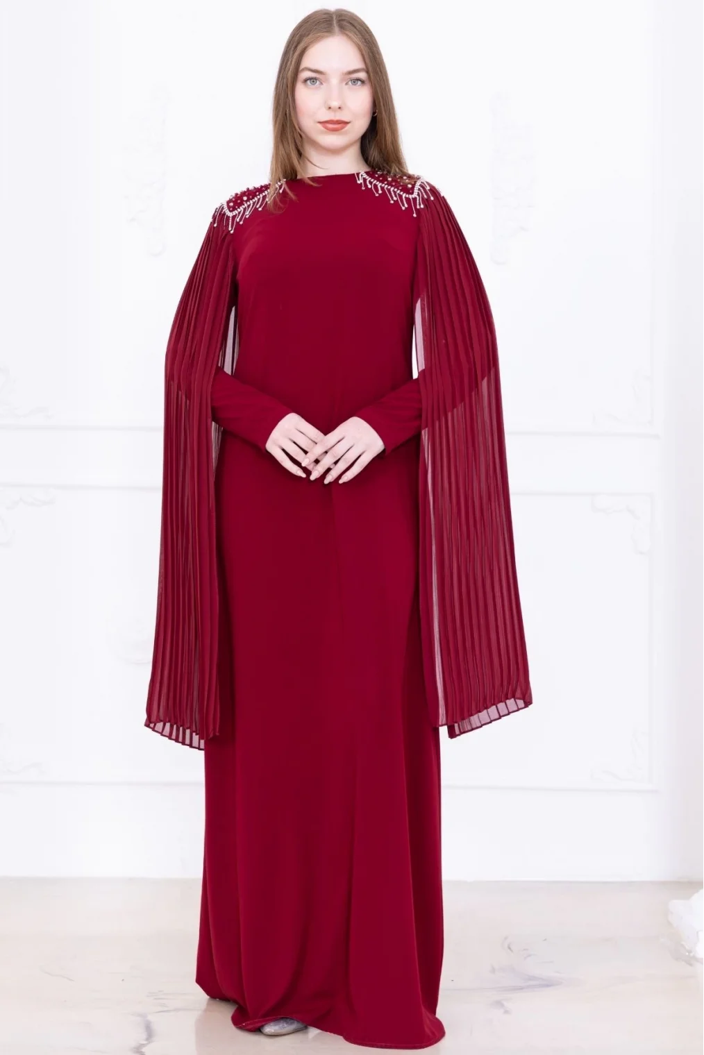Omuz İşleme Detaylı Pelerinli Elbise 1017-Bordo