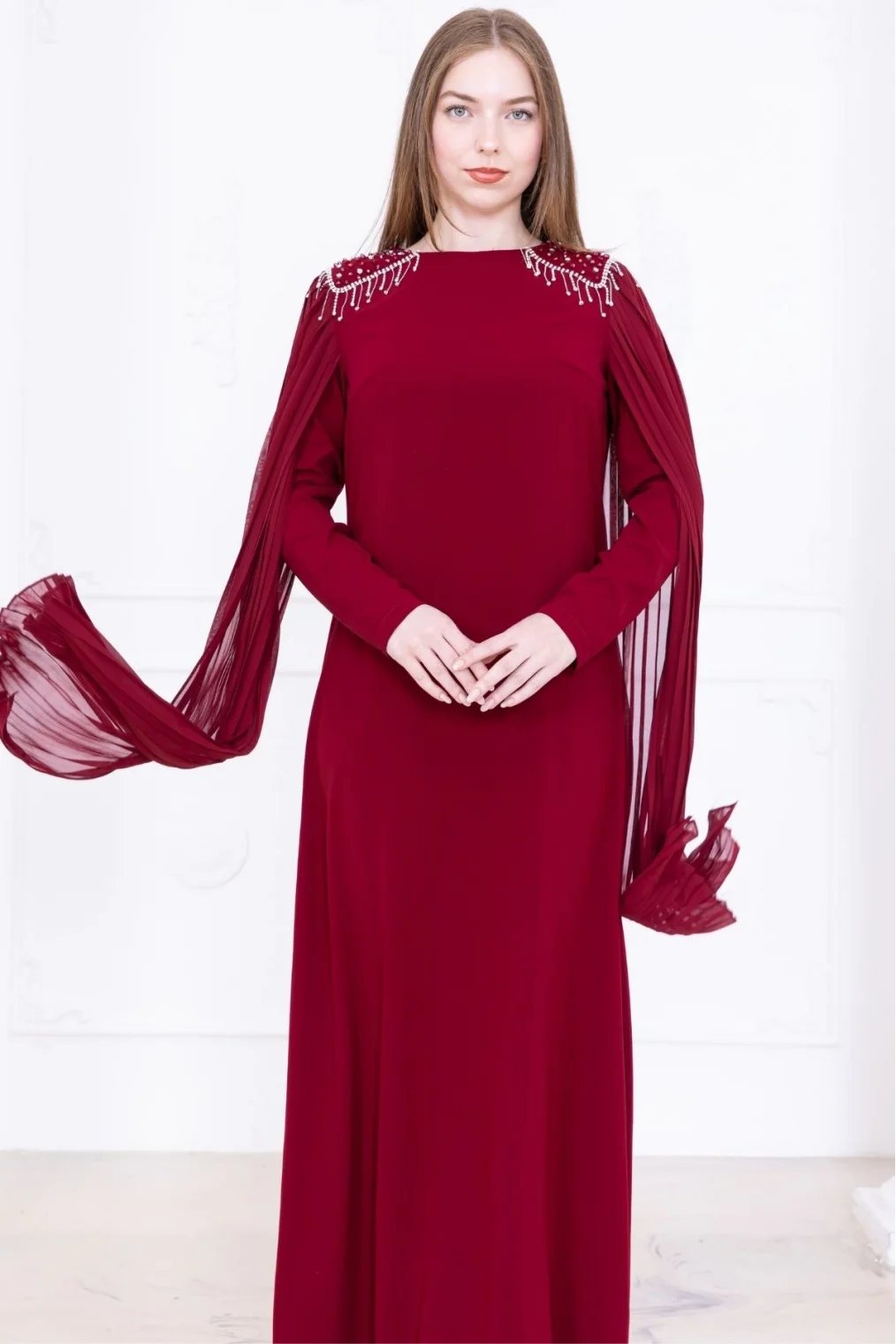 Omuz İşleme Detaylı Pelerinli Elbise 1017-Bordo